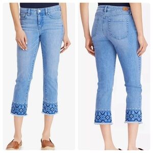 Lauren Ralph Lauren Embroidered Straight Crop Jeans in Indigo Mosaic Wash Sz. 8